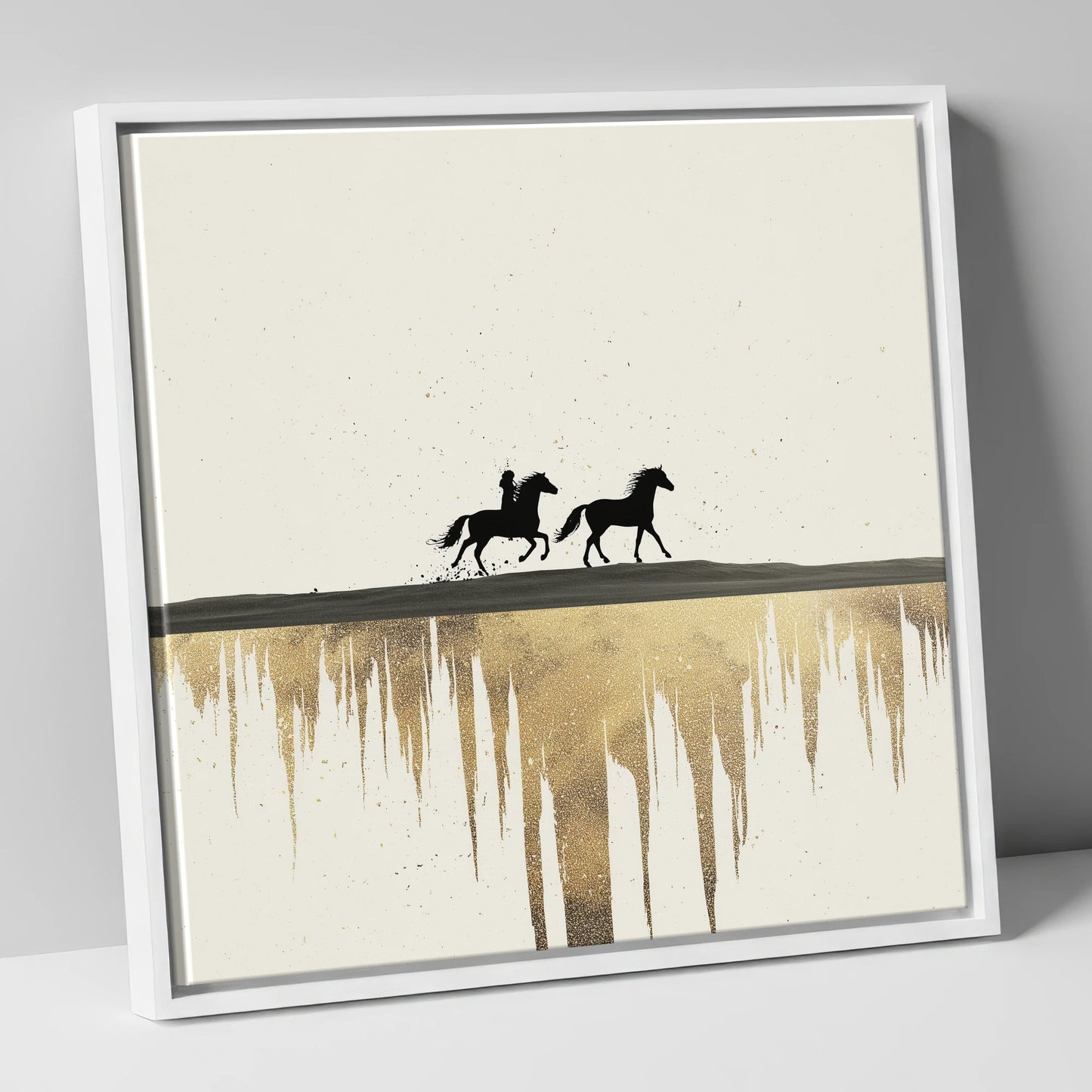 Golden Horizon Silhouettes horse landscape canvas wall art in white frame