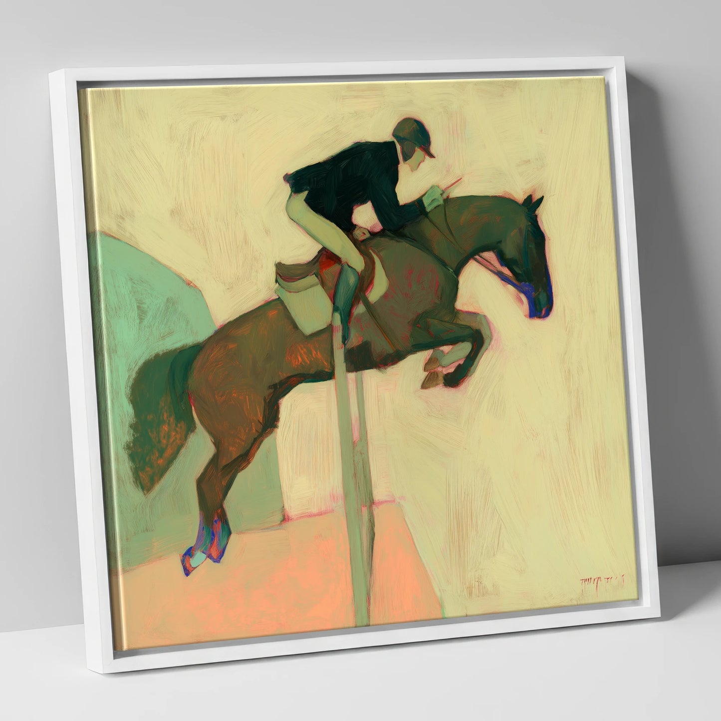 Suspended in Flight show jumping horse canvas wall art in white frame