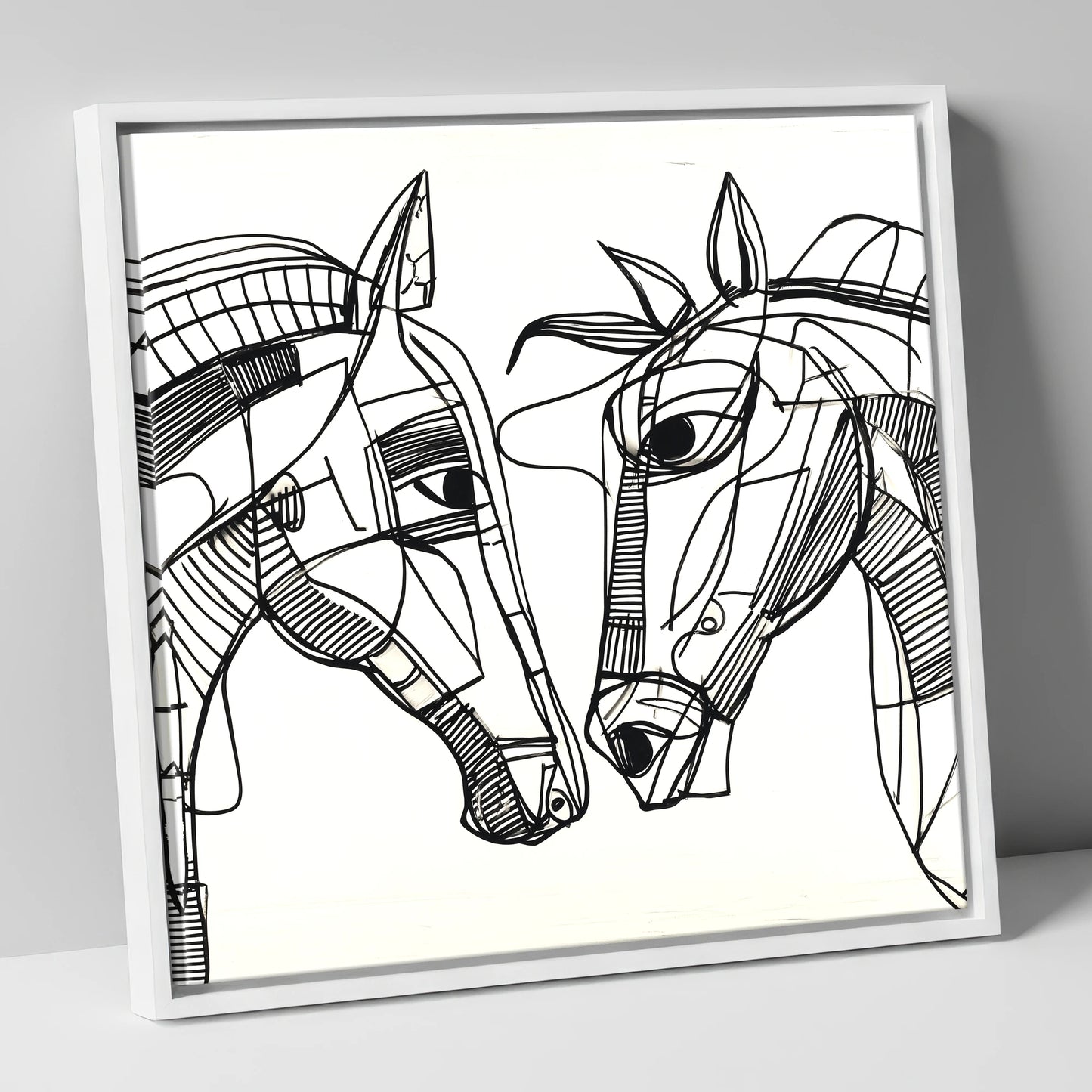 Linear Equine Connection horse portrait canvas wall art in white frame