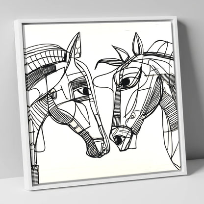 Linear Equine Connection horse portrait canvas wall art in white frame