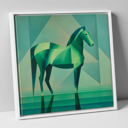 Emerald Geometric Equine horse portrait canvas wall art in white frame