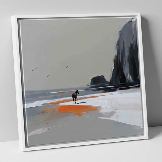 Solitary Shoreline horse landscape canvas wall art in white frame