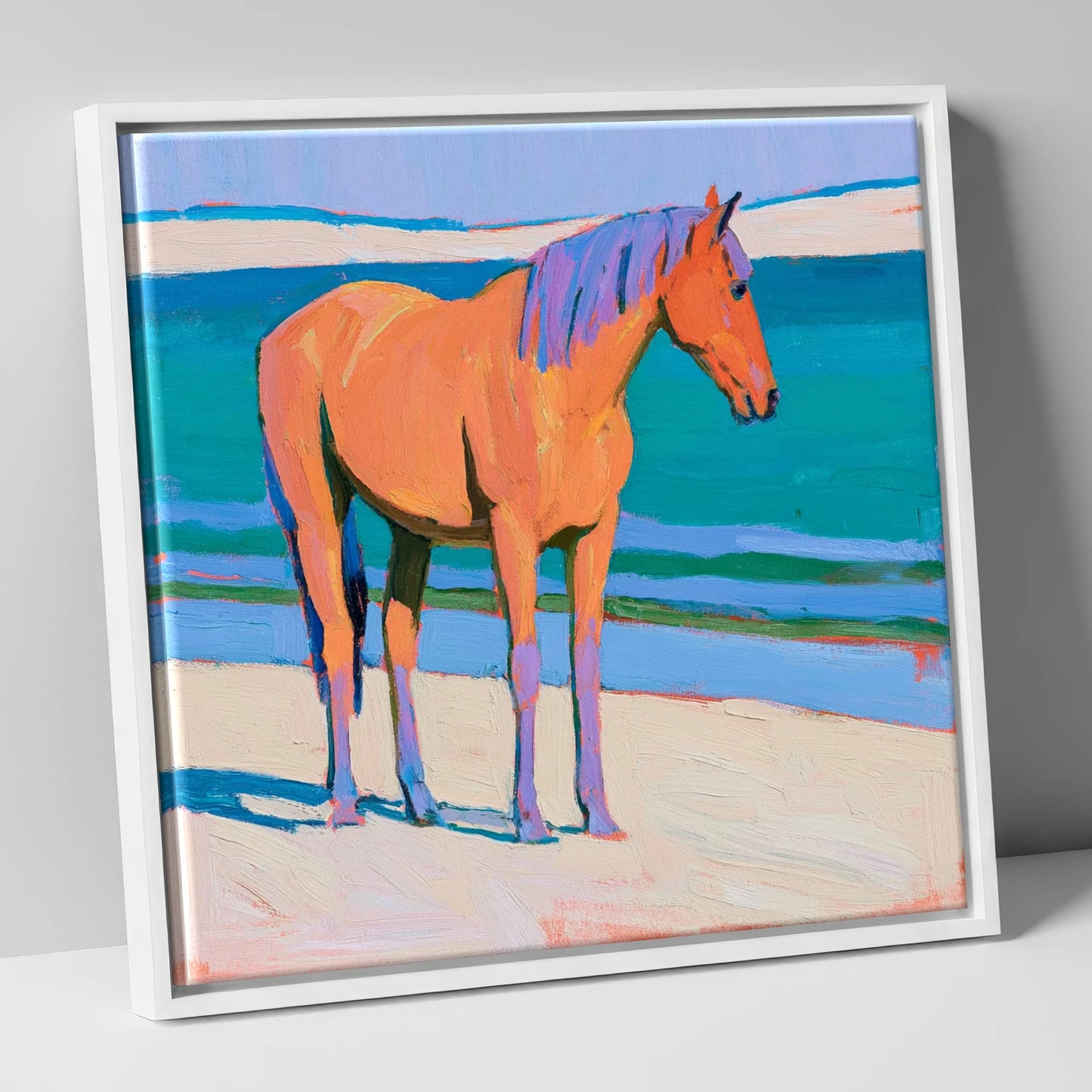 Vivid Coastal Equine horse landscape canvas wall art in white frame