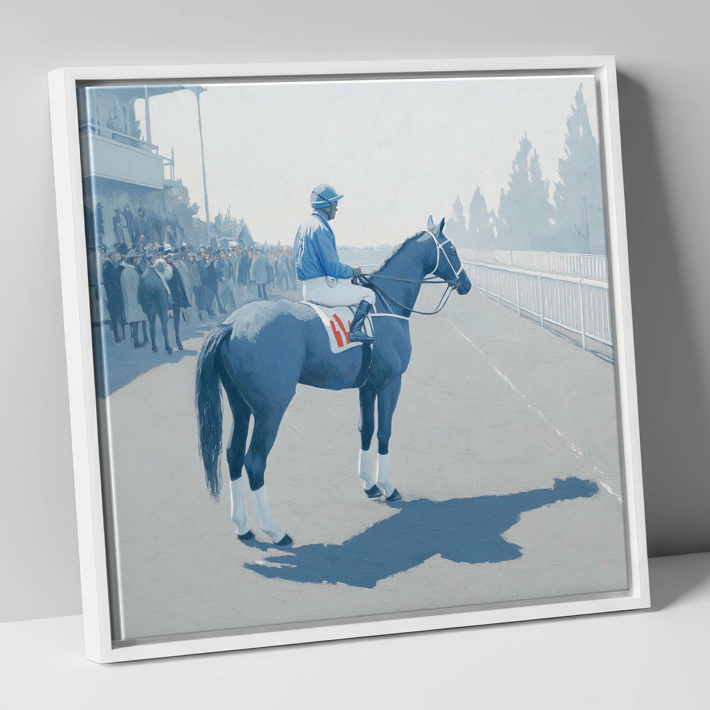 Waiting at the Rails racing horse canvas wall art in white frame