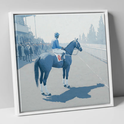 Waiting at the Rails racing horse canvas wall art in white frame