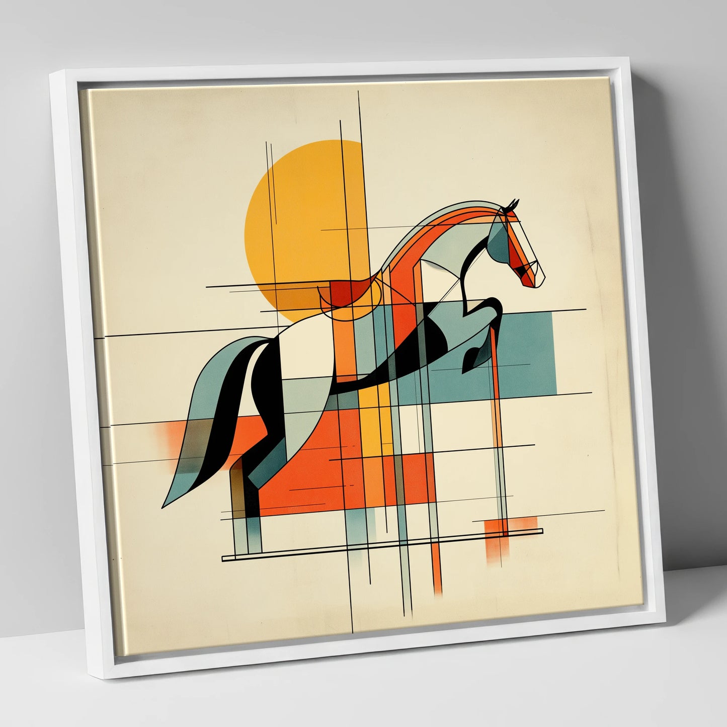 Structured Flight show jumping horse canvas wall art in white frame
