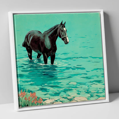 Midnight in the Shallows beach horse canvas wall art in white frame
