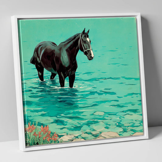 Midnight in the Shallows beach horse canvas wall art in white frame
