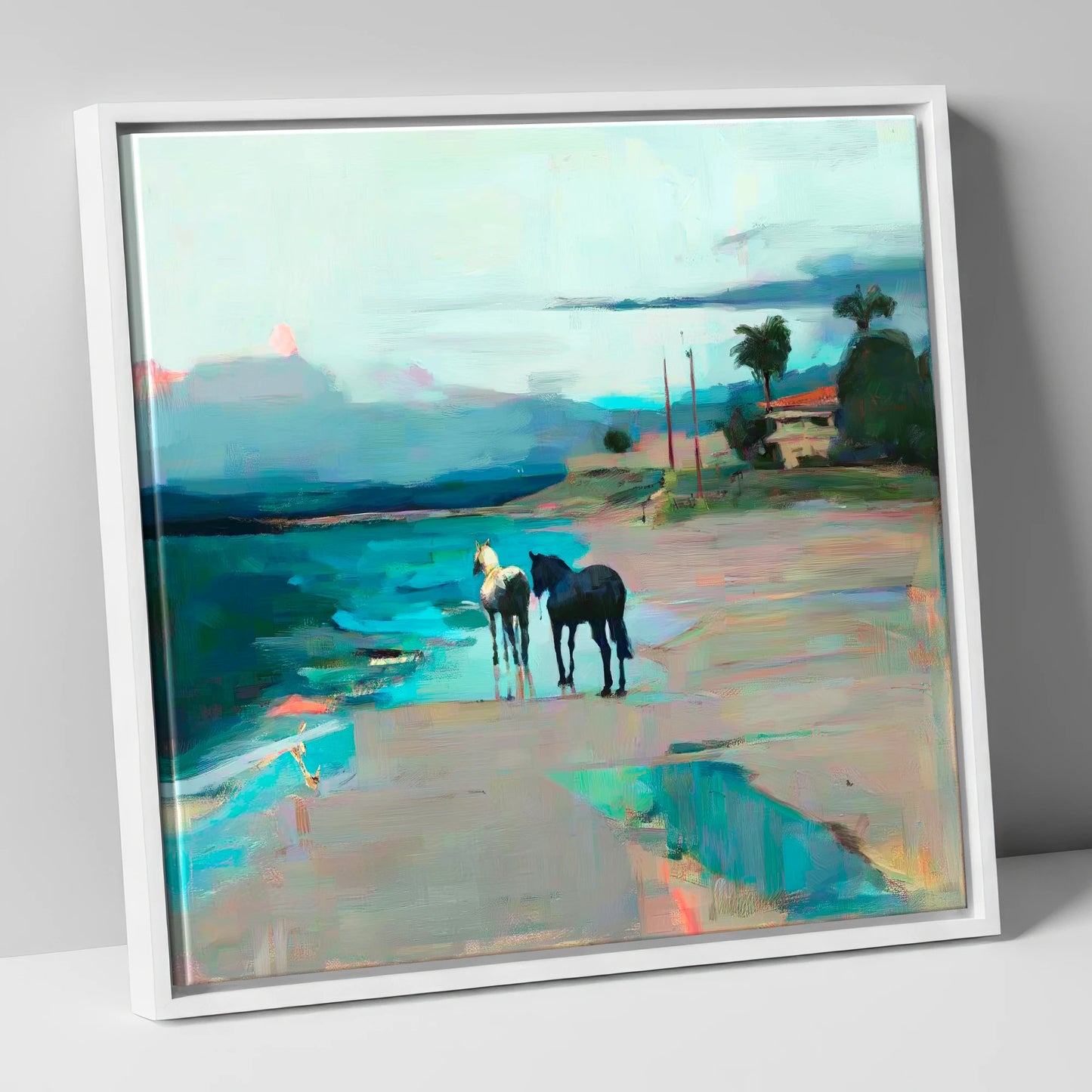 Dusk on the Shoreline horse landscape canvas wall art in white frame