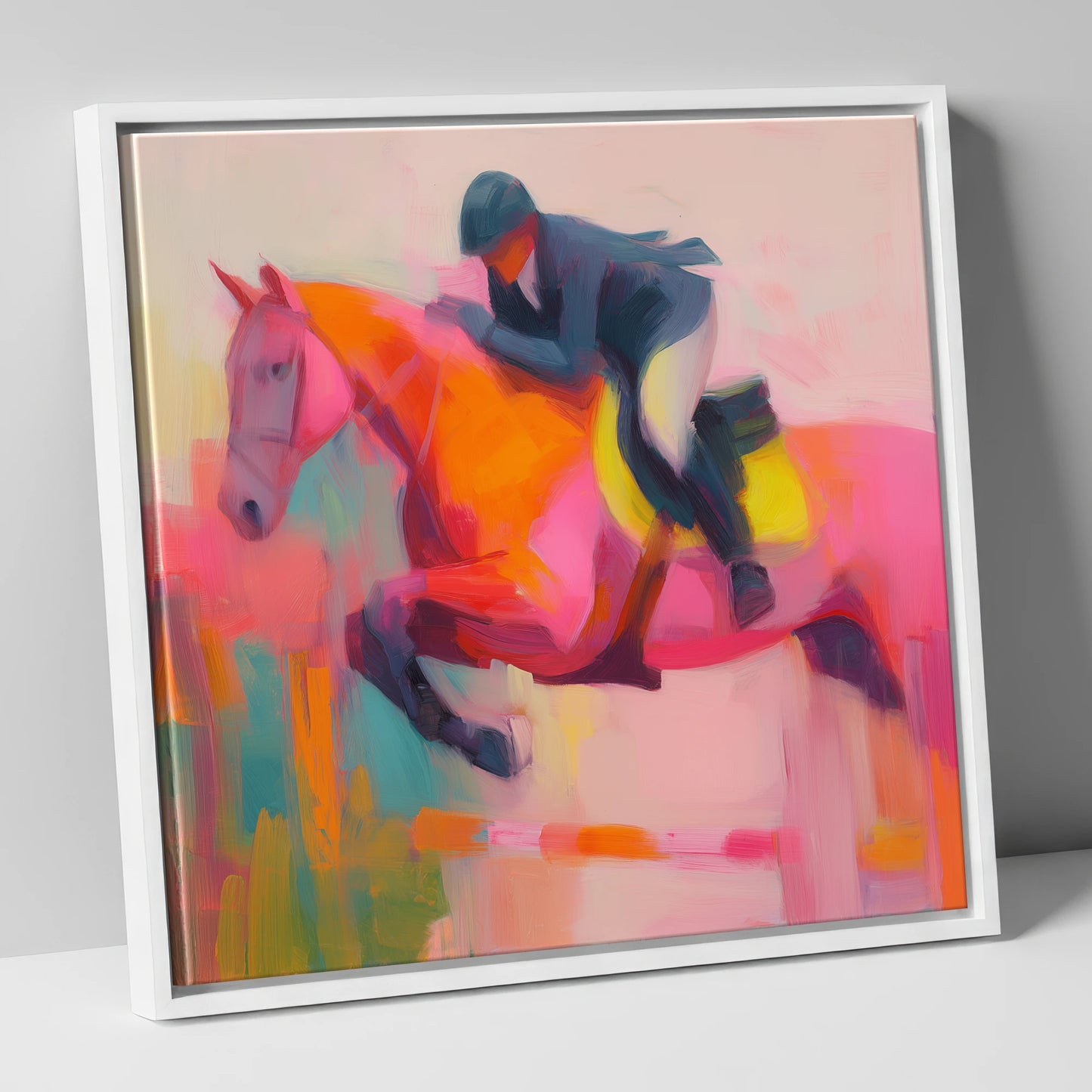 Flight in Vibrant Colour show jumping horse canvas wall art in white frame