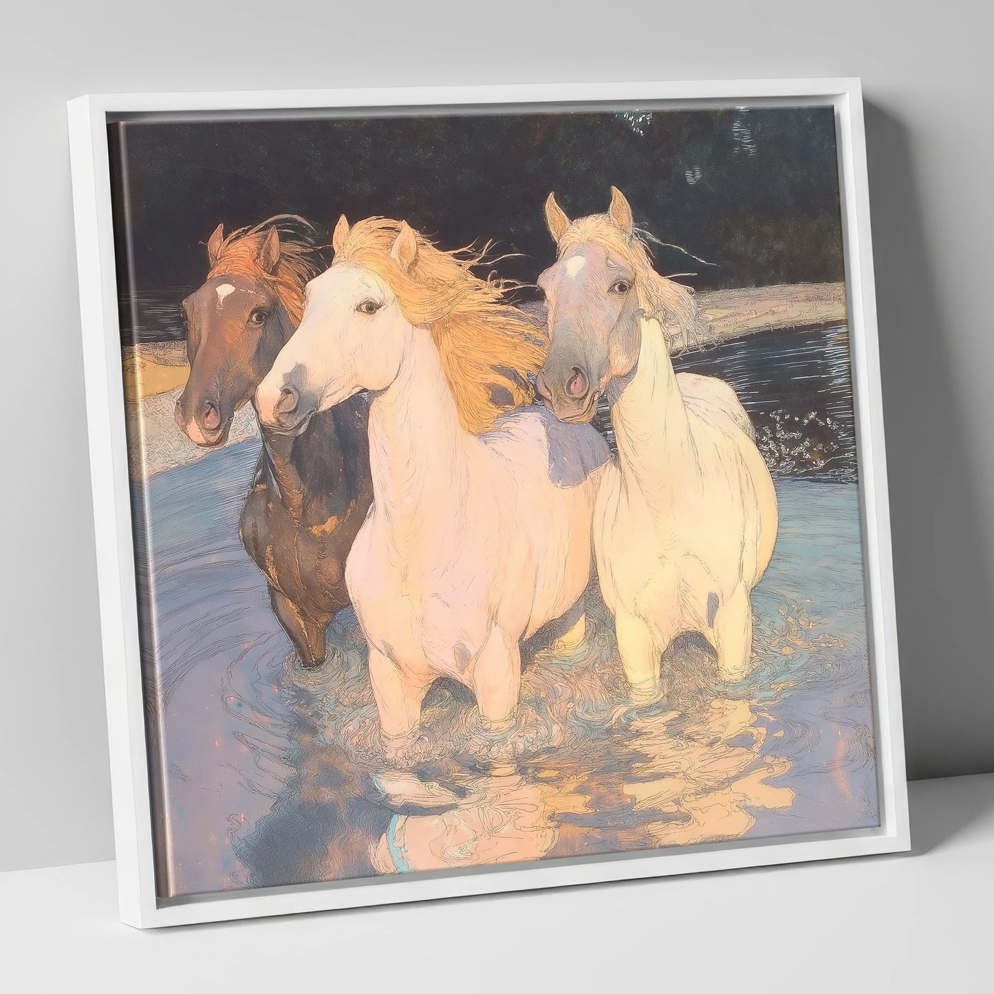 Three in the Shallows wild horses canvas wall art in white frame