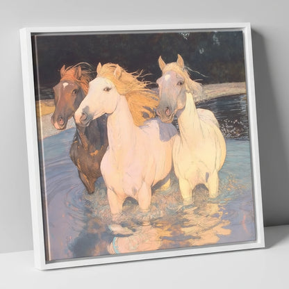 Three in the Shallows wild horses canvas wall art in white frame