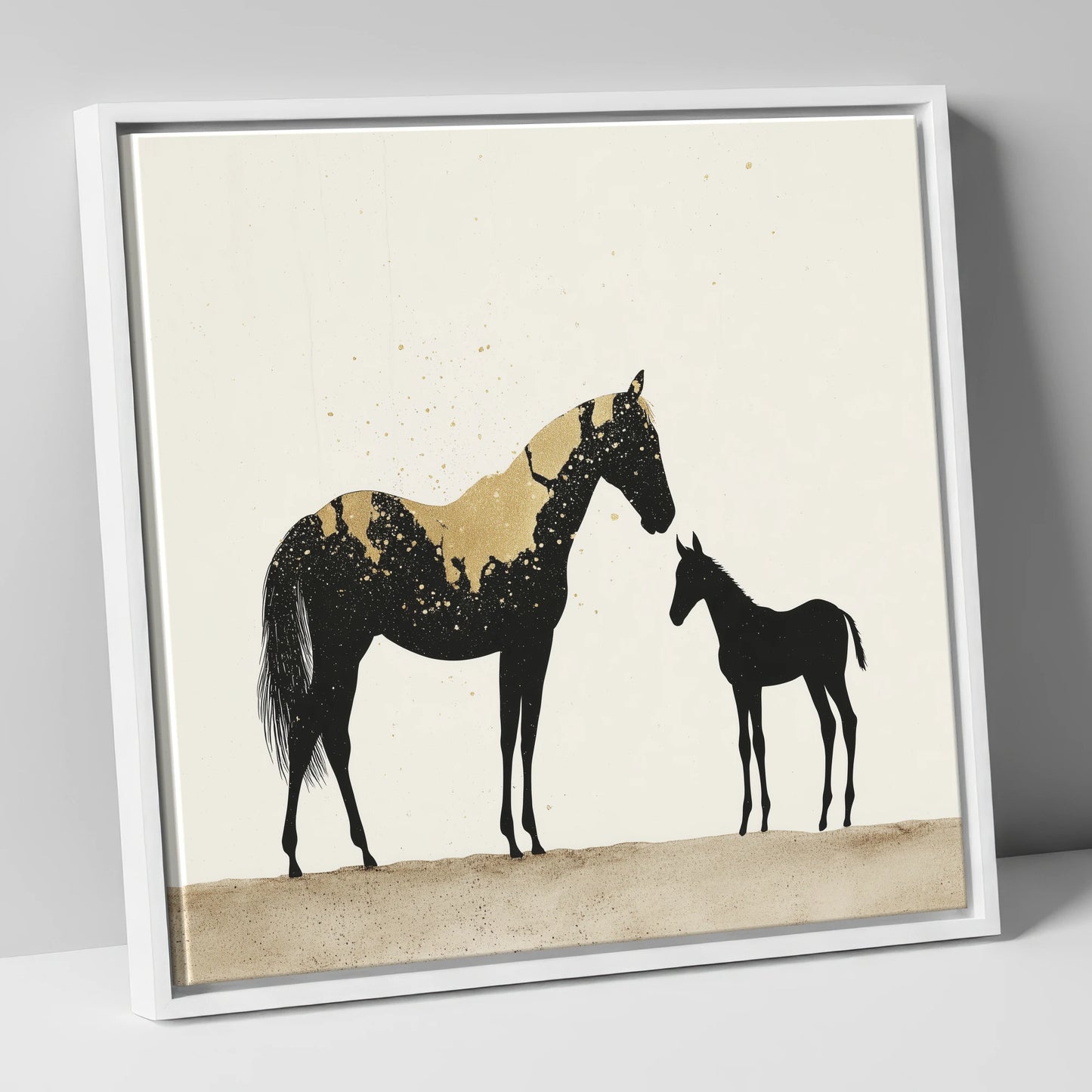 Gilded Bond mare & foal canvas wall art in white frame
