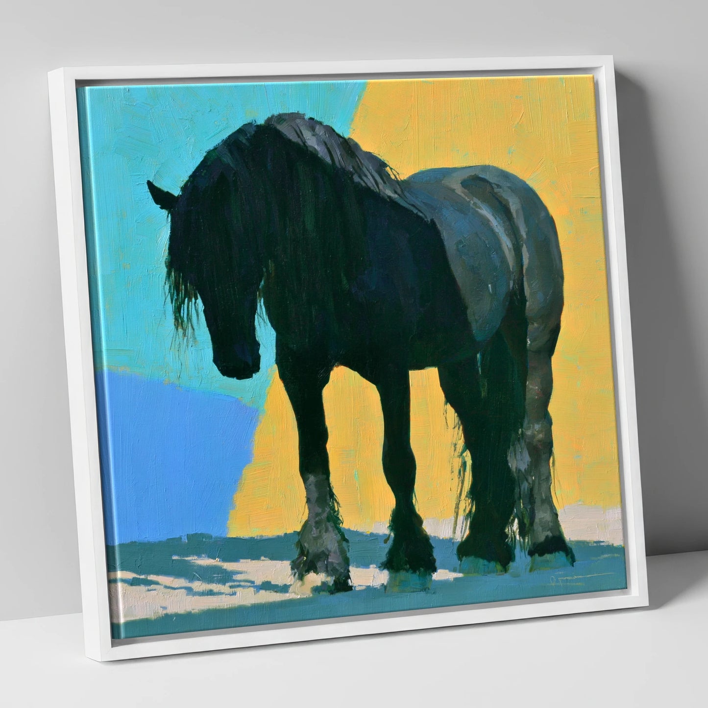 Heavy Horse Blue and Yellow horse breed canvas wall art in white frame