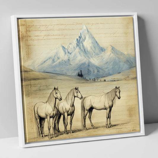Alpine Journal Sketch horse landscape canvas wall art in white frame