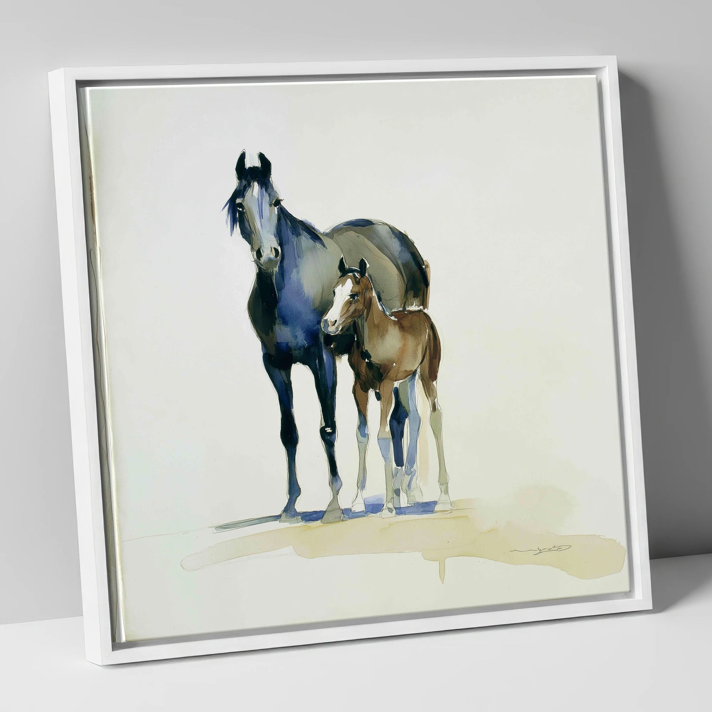 Watchful Bond mare & foal canvas wall art in white frame