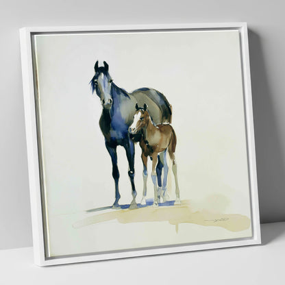 Watchful Bond mare & foal canvas wall art in white frame