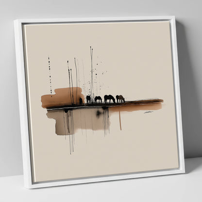 Sepia Horizon Herd horse landscape canvas wall art in white frame