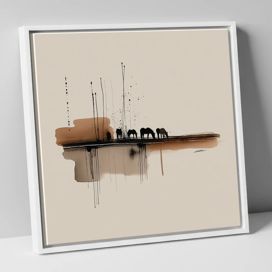 Sepia Horizon Herd horse landscape canvas wall art in white frame