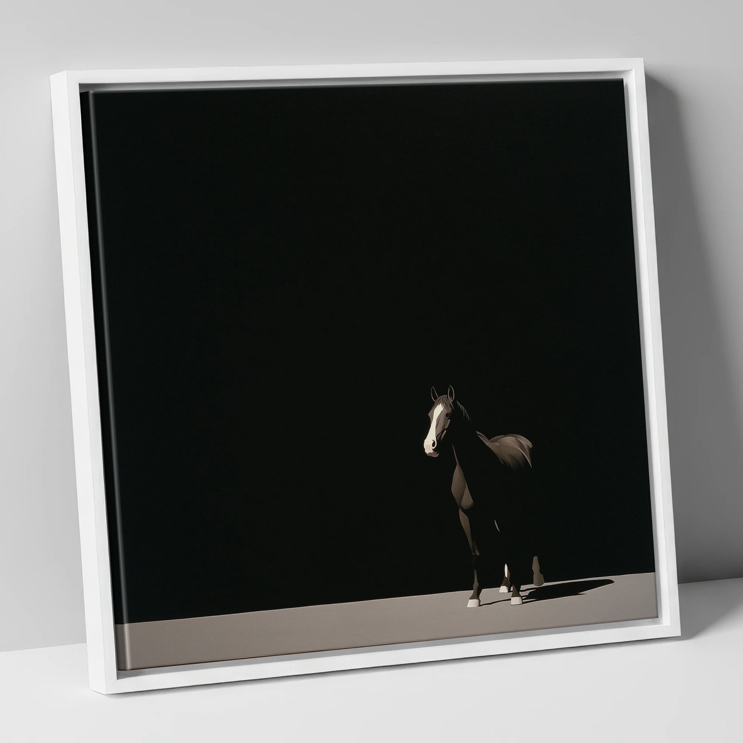 Midnight Solitude horse portrait canvas wall art in white frame