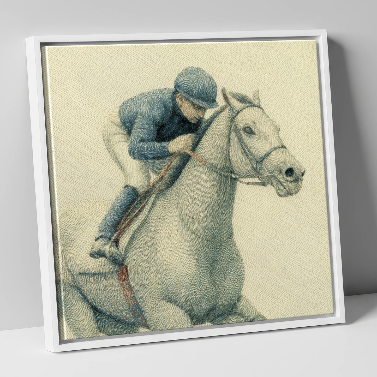 The Blue Silks racing horse canvas wall art in white frame