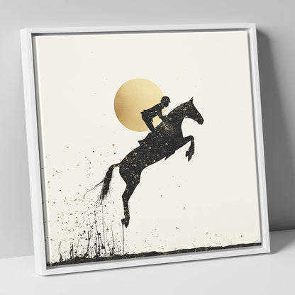 Golden Flight show jumping horse canvas wall art in white frame