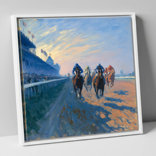 Racehorses in Golden Light racing horse canvas wall art in white frame