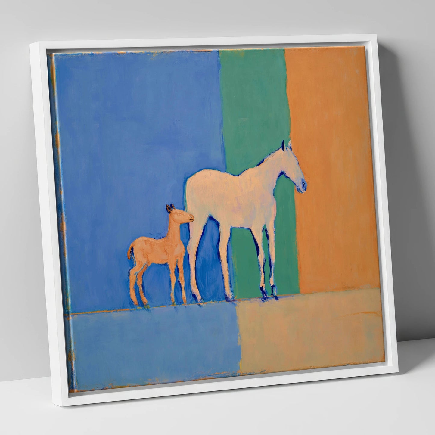 Cobalt and Terracotta Bond mare & foal canvas wall art in white frame