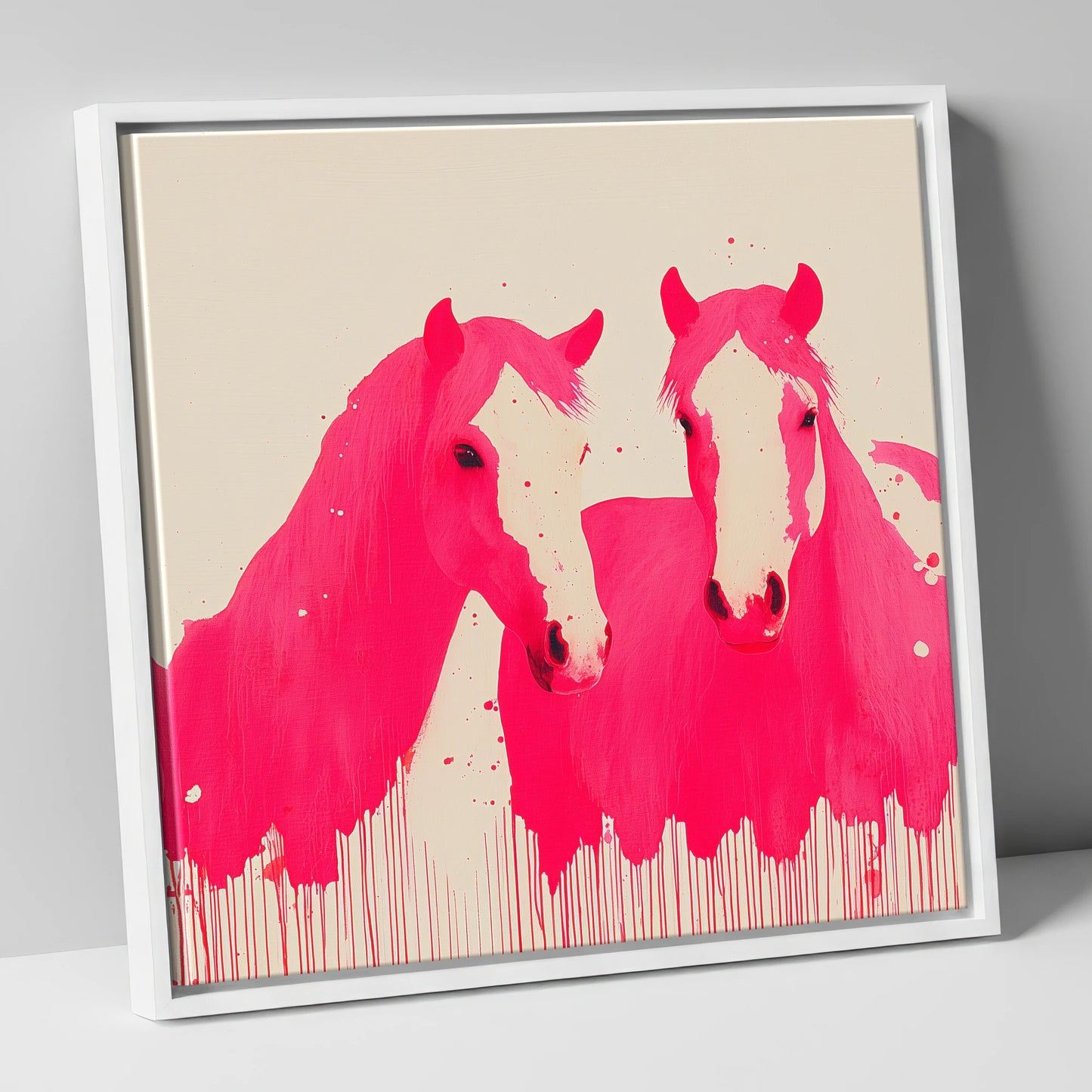 Vivid Magenta Pair horse landscape canvas wall art in white frame
