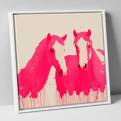 Vivid Magenta Pair horse landscape canvas wall art in white frame