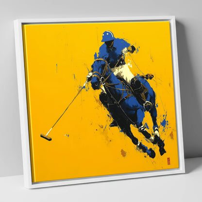Cobalt Chukka polo horse canvas wall art in white frame