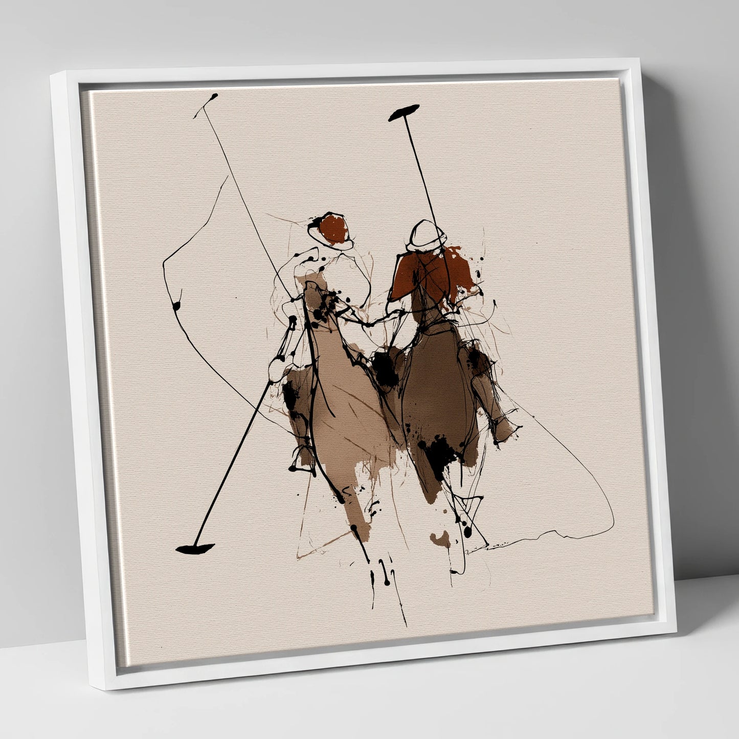 Polo Pursuit polo horse canvas wall art in white frame