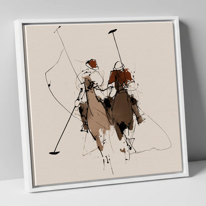 Polo Pursuit polo horse canvas wall art in white frame