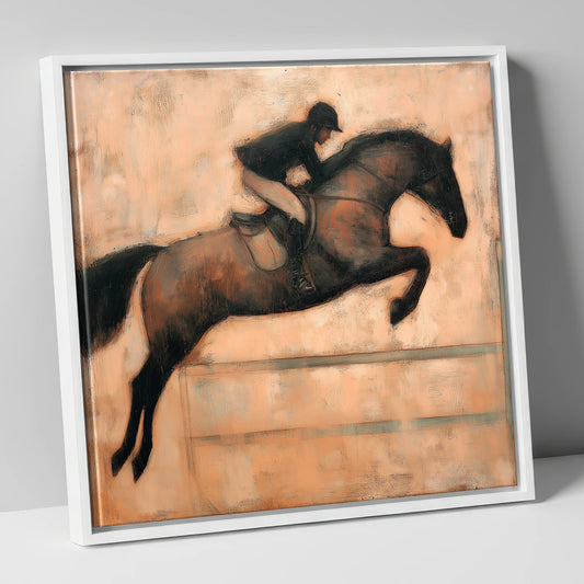 Suspended in Flight show jumping horse canvas wall art in white frame