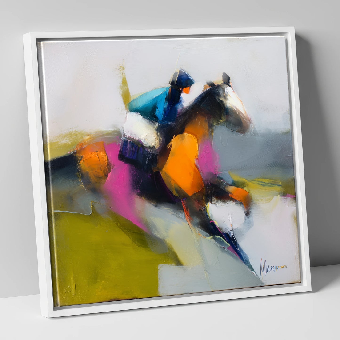 Thundering Colour racing horse canvas wall art in white frame