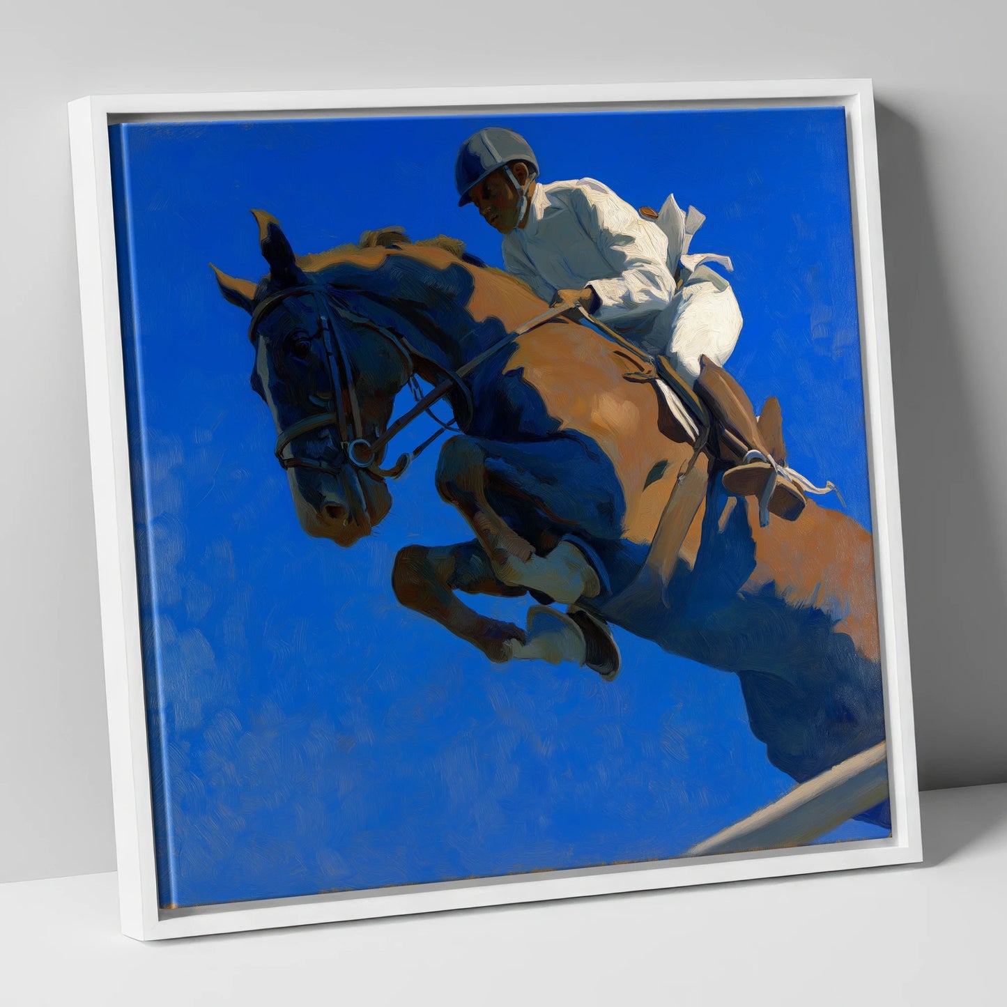 Skyward Bound show jumping horse canvas wall art in white frame