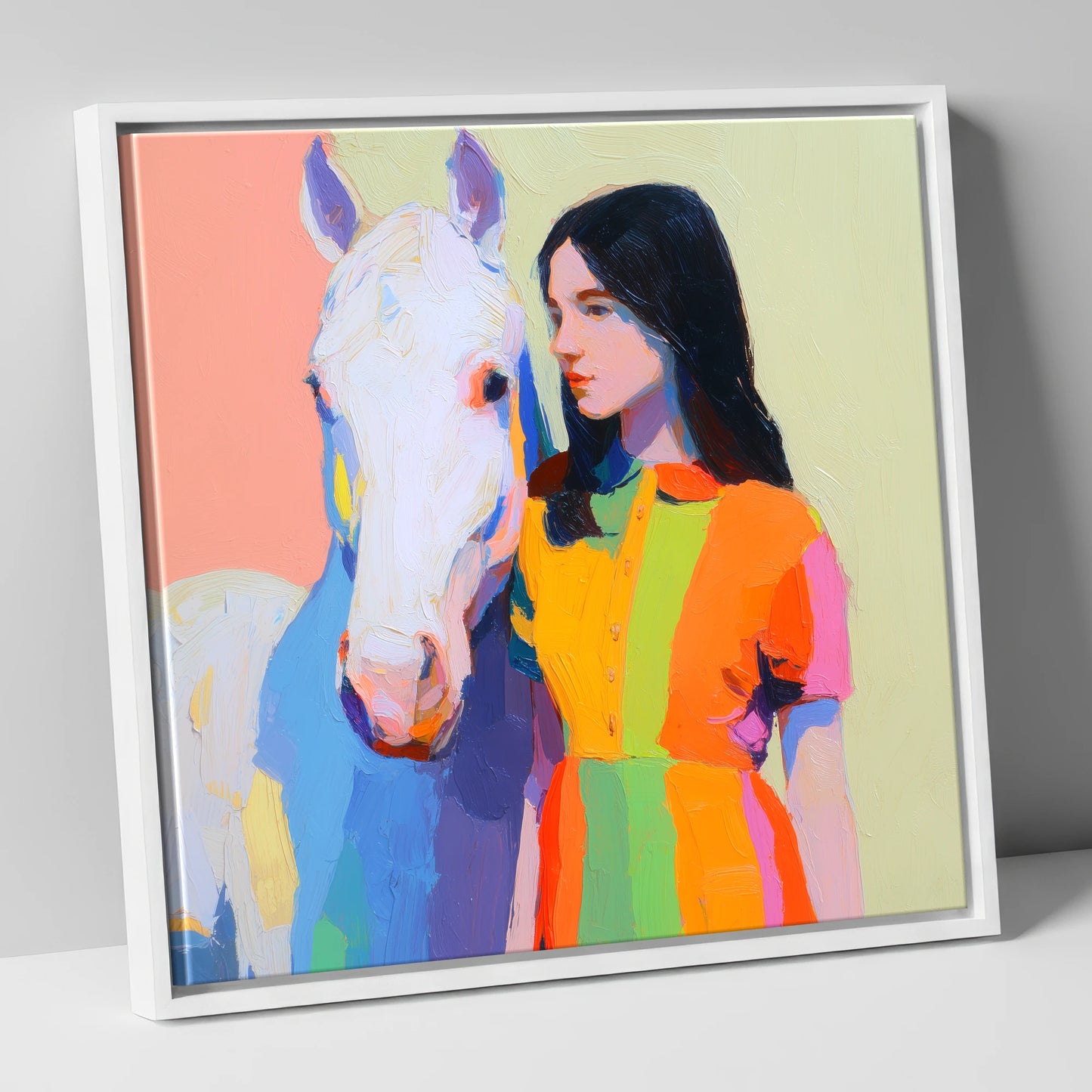 Vibrant Harmony horse & rider canvas wall art in white frame