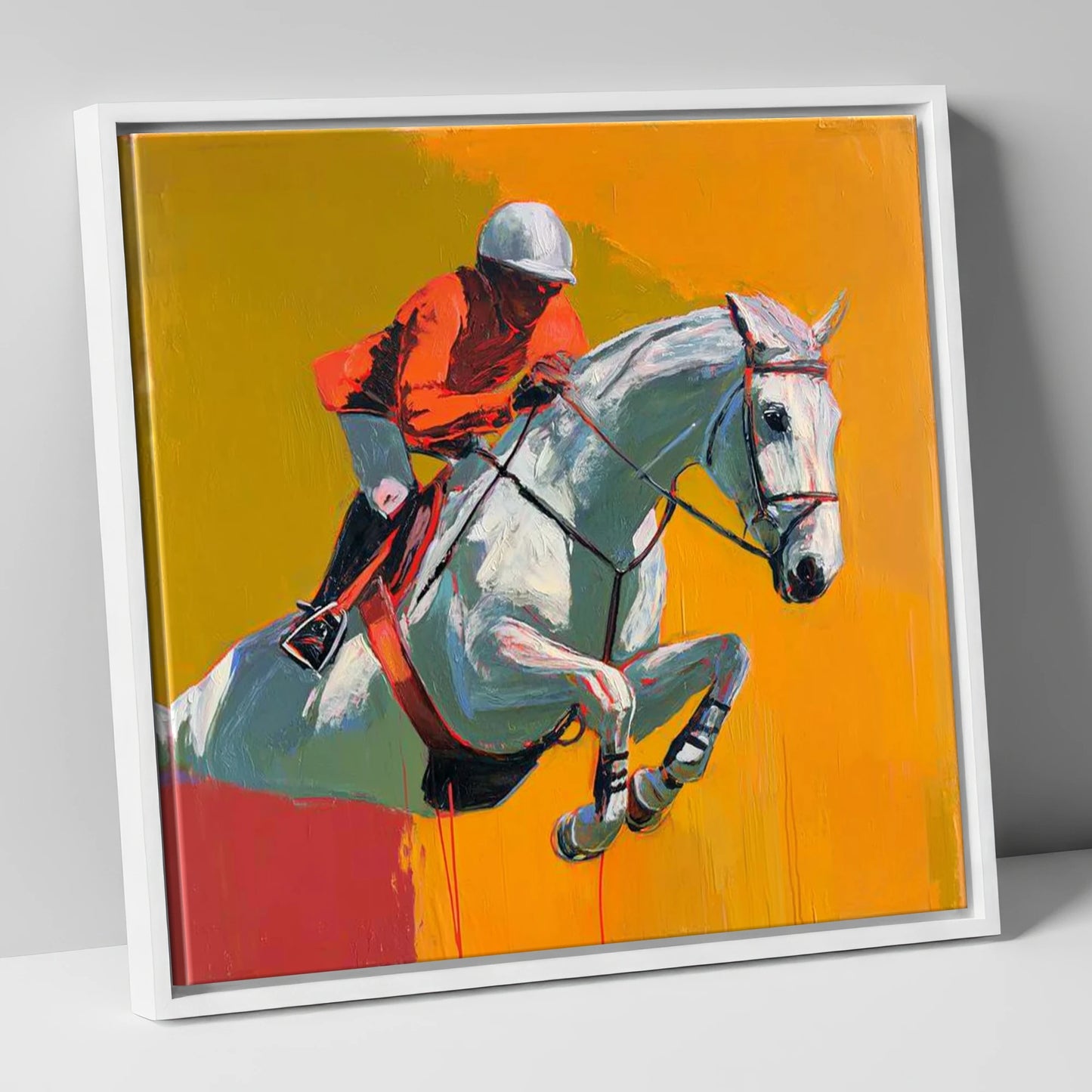 Airborne Over Gold show jumping horse canvas wall art in white frame