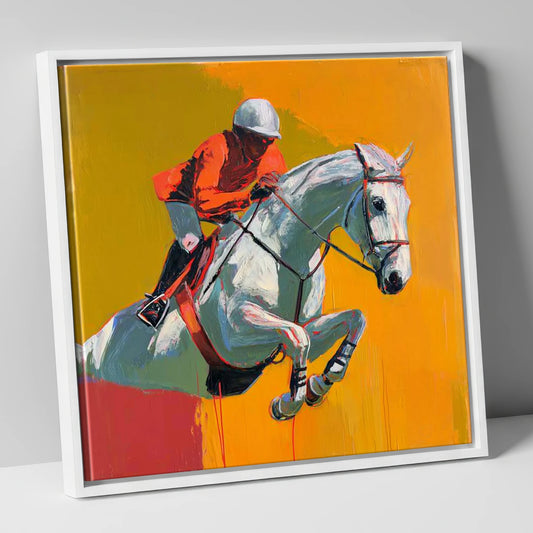 Airborne Over Gold show jumping horse canvas wall art in white frame