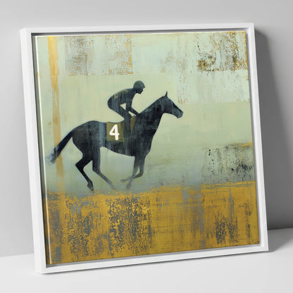 Gilded Number Four racing horse canvas wall art in white frame