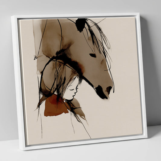 Sepia Horse and Resting Girl horse & rider canvas wall art in white frame