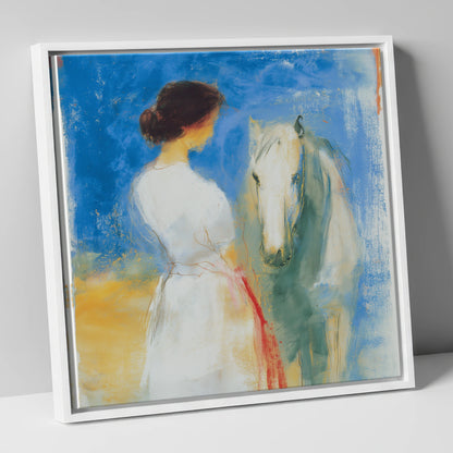 Whispers in Blue horse & rider canvas wall art in white frame