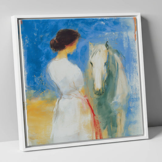 Whispers in Blue horse & rider canvas wall art in white frame