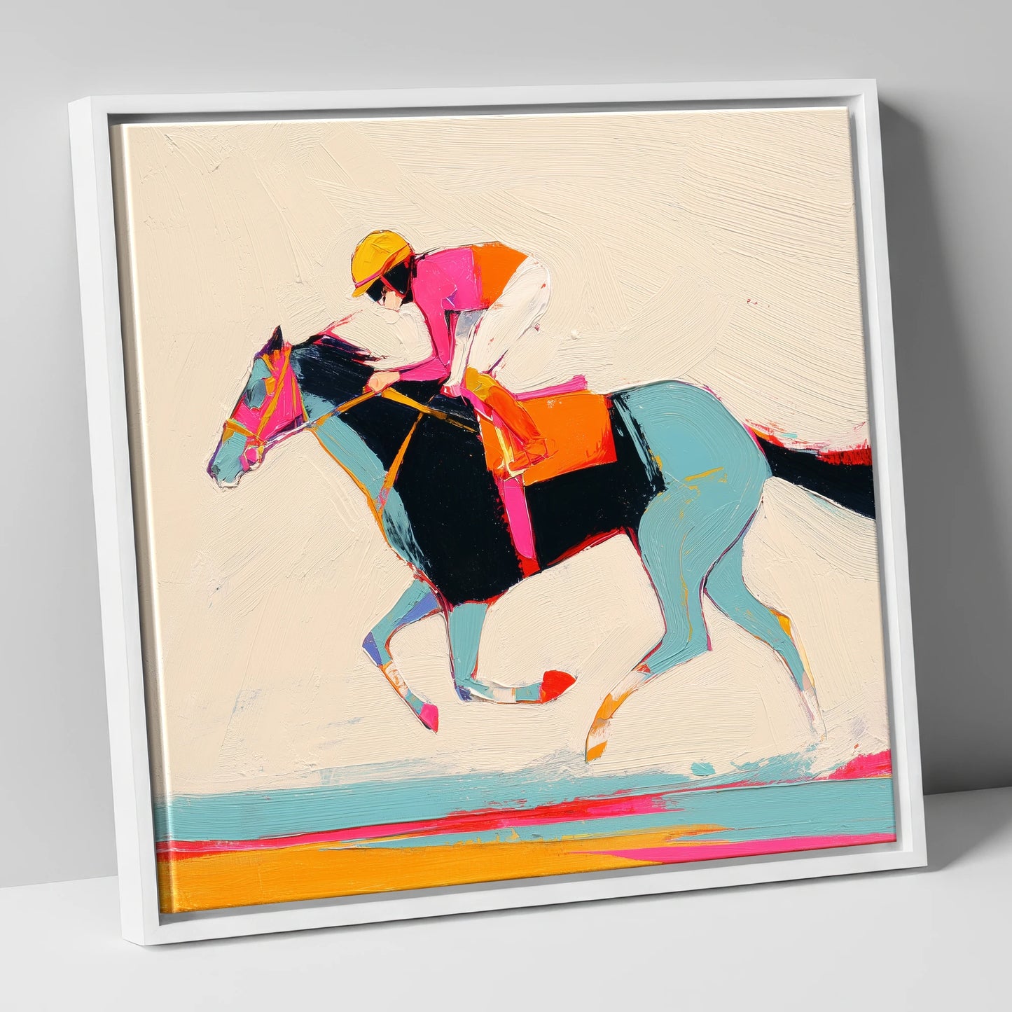 Technicolour Gallop racing horse canvas wall art in white frame
