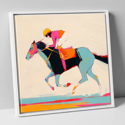 Technicolour Gallop racing horse canvas wall art in white frame