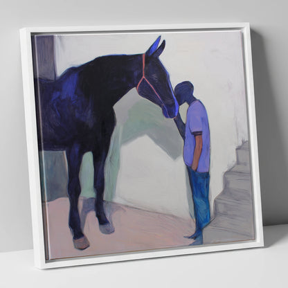 Silent Communion horse & rider canvas wall art in white frame