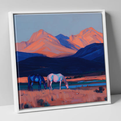 Dusk Mountain Pasture horse landscape canvas wall art in white frame