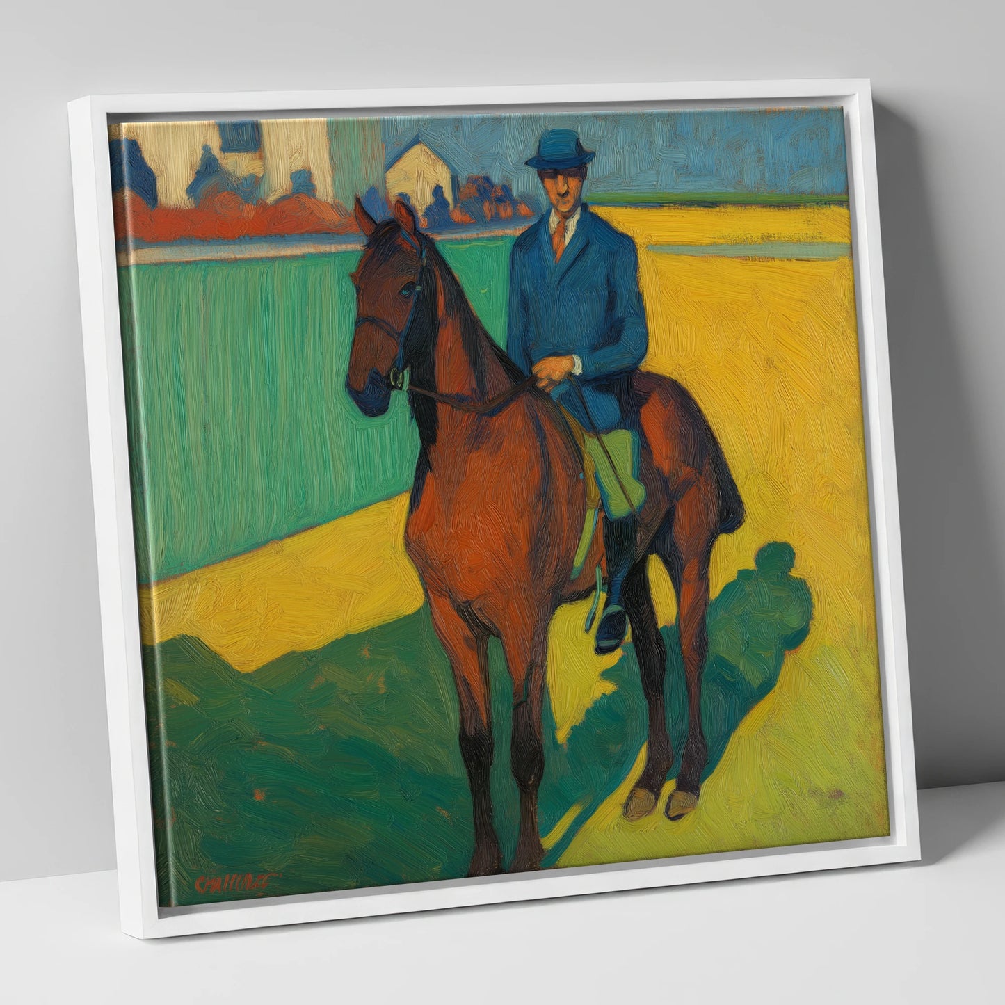 Vivid Morning Exercise racing horse canvas wall art in white frame