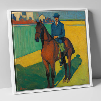 Vivid Morning Exercise racing horse canvas wall art in white frame