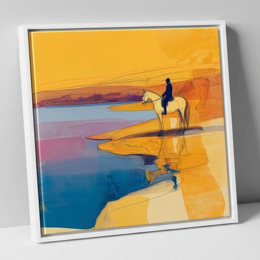 Golden Tide Silhouette beach horse canvas wall art in white frame